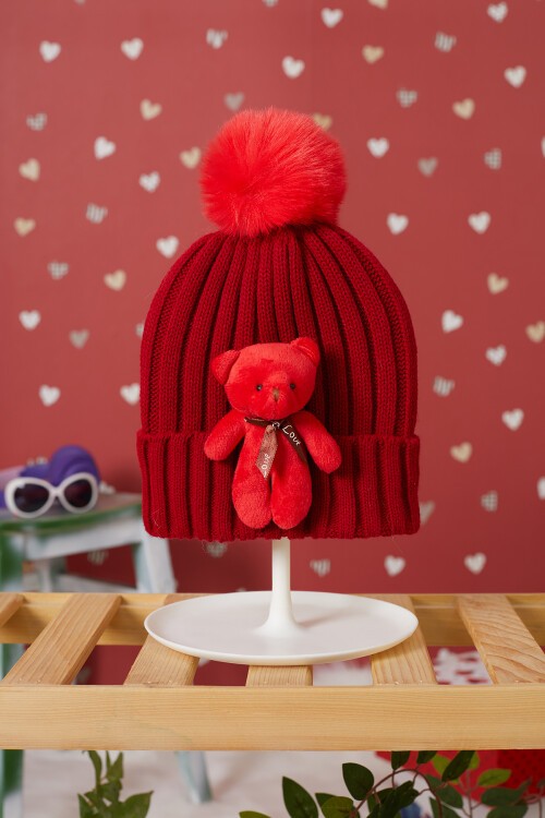 Kırmızı Ayıcık Detaylı Ponponlu Çocuk Bere 17225