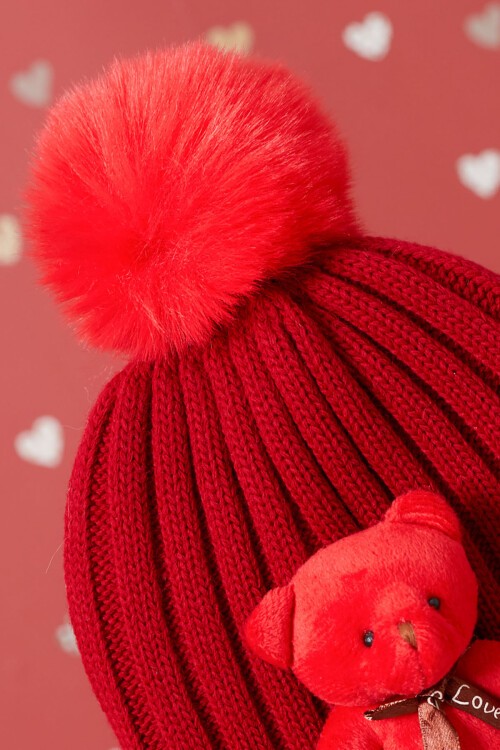 Kırmızı Ayıcık Detaylı Ponponlu Çocuk Bere 17225