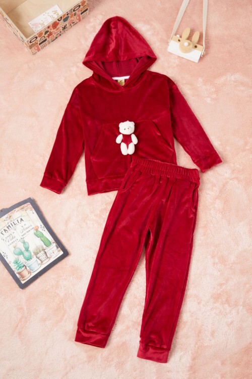 Kırmızı Ayıcıklı Kanguru Cepli Kız Kadife Eşofman Takımı 16571