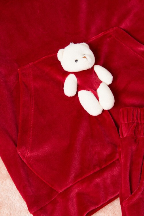 Kırmızı Ayıcıklı Kanguru Cepli Kız Kadife Eşofman Takımı 16571