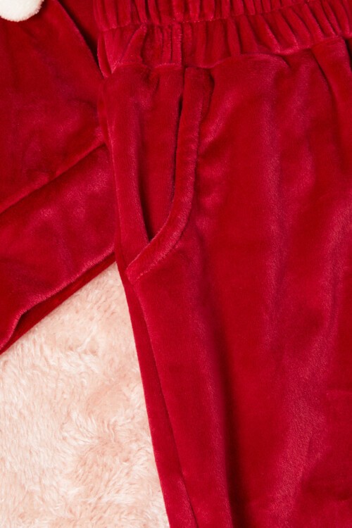 Kırmızı Ayıcıklı Kanguru Cepli Kız Kadife Eşofman Takımı 16571