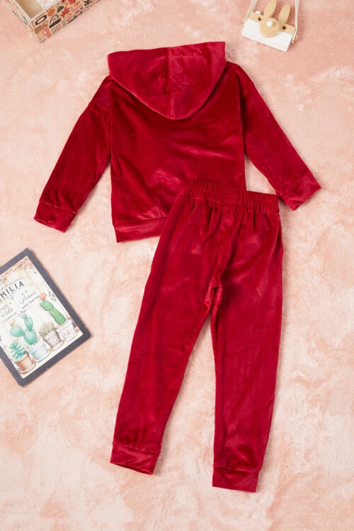 Kırmızı Ayıcıklı Kanguru Cepli Kız Kadife Eşofman Takımı 16571