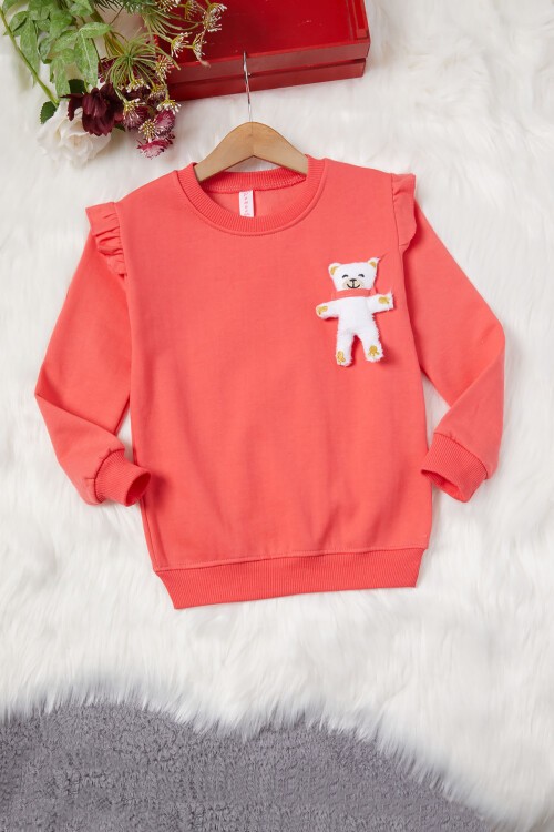 Kırmızı Ayıcıklı Kolları Volanlı Kız Çocuk Şardonlu Sweatshirt 16986
