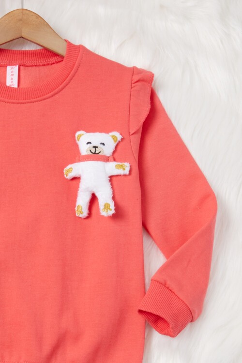 Kırmızı Ayıcıklı Kolları Volanlı Kız Çocuk Şardonlu Sweatshirt 16986