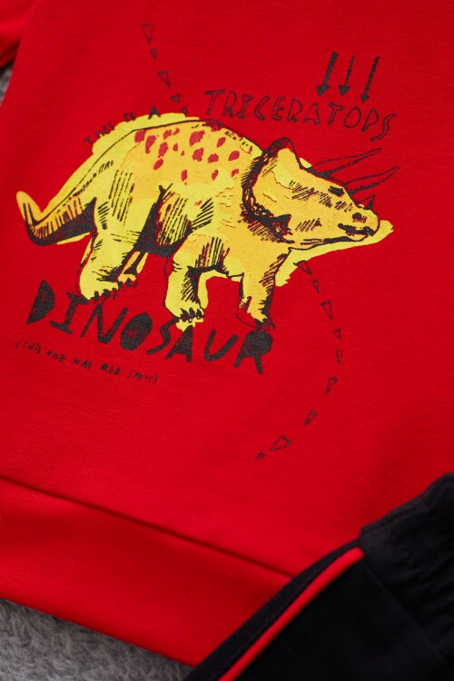 Kırmızı Dinozor Baskılı Cepli Erkek Bebek Eşofman Takımı 17323