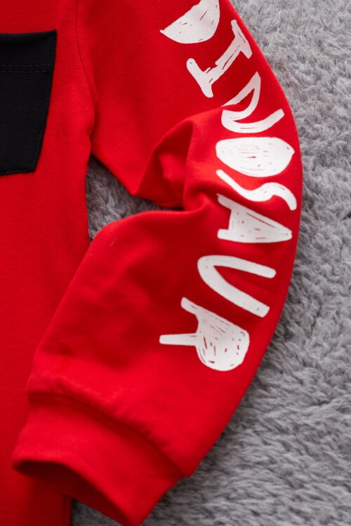 Kırmızı Dinozor Baskılı Cepli Erkek Bebek Eşofman Takımı 17323