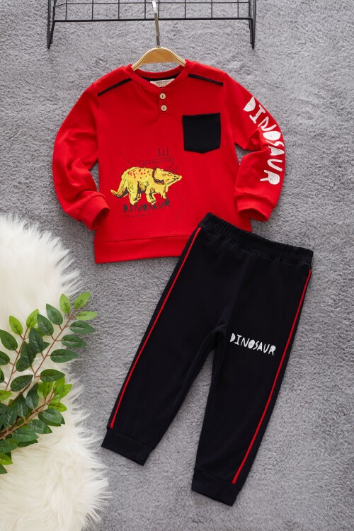 Kırmızı Dinozor Baskılı Cepli Erkek Bebek Eşofman Takımı 17323