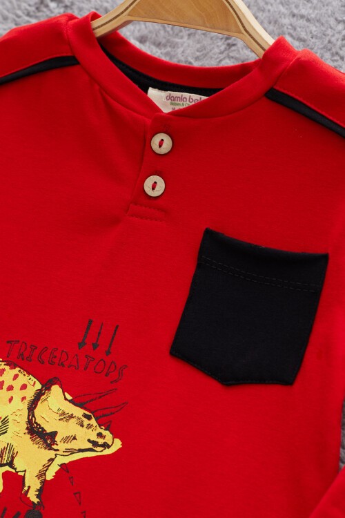 Kırmızı Dinozor Baskılı Cepli Erkek Bebek Eşofman Takımı 17323