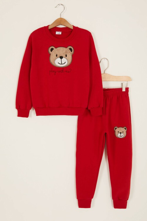 Kırmızı Erkek Çocuk Sevimli Ayıcık Temalı Şardonlu 3 İplik 2li Takım