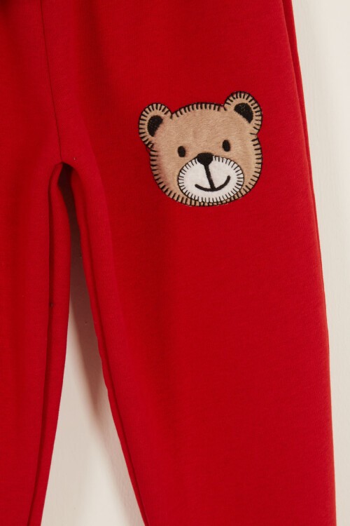 Kırmızı Erkek Çocuk Sevimli Ayıcık Temalı Şardonlu 3 İplik 2li Takım