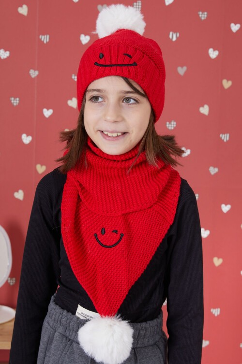 Kırmızı Gülenyüz Nakışlı Ponponlu Kız Çocuk Atkı Bere Seti 17299