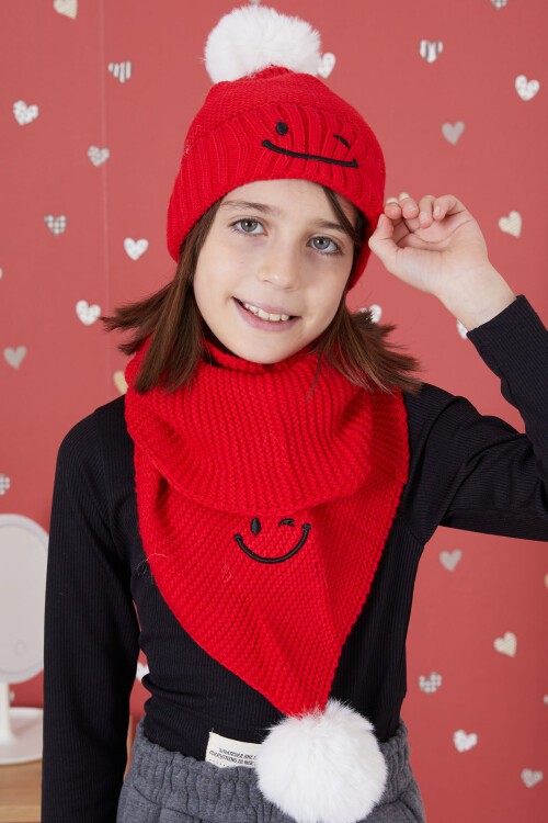 Kırmızı Gülenyüz Nakışlı Ponponlu Kız Çocuk Atkı Bere Seti 17299