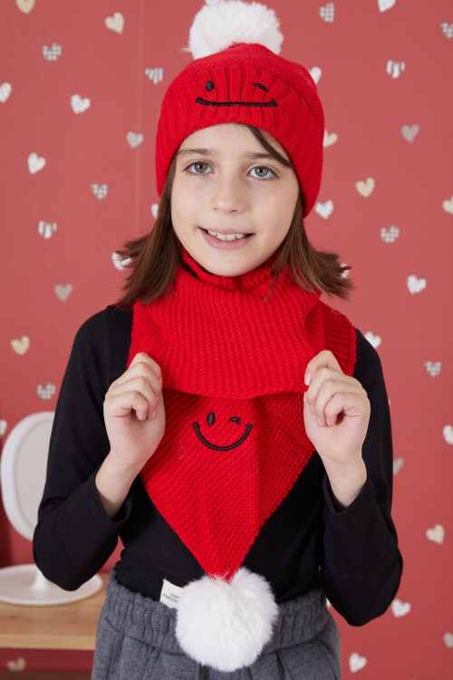 Kırmızı Gülenyüz Nakışlı Ponponlu Kız Çocuk Atkı Bere Seti 17299