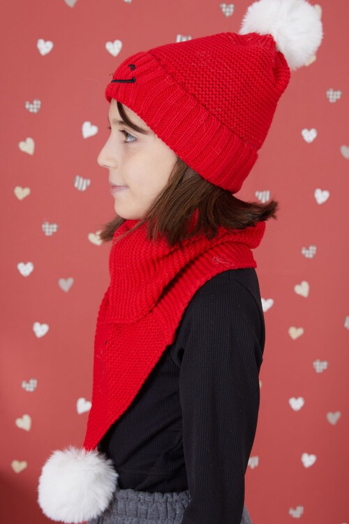 Kırmızı Gülenyüz Nakışlı Ponponlu Kız Çocuk Atkı Bere Seti 17299