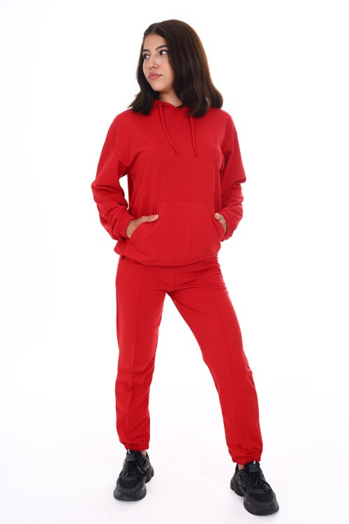 Kırmızı Kanguru Cepli Kapşonlu Kız Çocuk Eşofman Takımı 16843