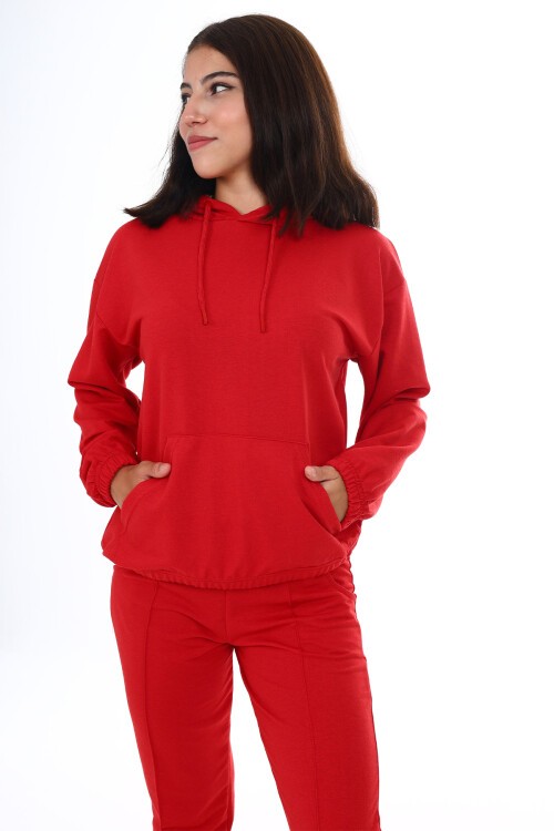 Kırmızı Kanguru Cepli Kapşonlu Kız Çocuk Eşofman Takımı 16843