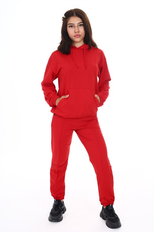 Kırmızı Kanguru Cepli Kapşonlu Kız Çocuk Eşofman Takımı 16843