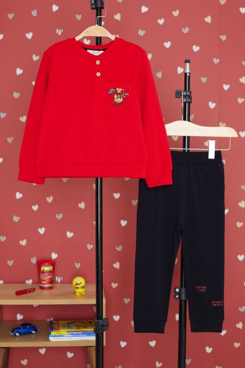 Kırmızı Kaplan Baskılı Cepli Erkek Bebek Eşofman Takımı 17320