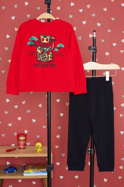 Kırmızı Kaplan Baskılı Cepli Erkek Bebek Eşofman Takımı 17320