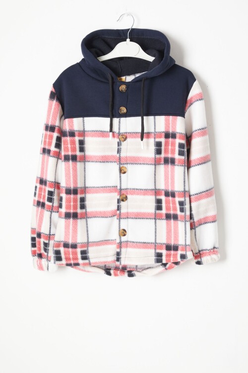 Kırmızı Kare Desenli Kapüşonlu Çocuk Polar Hırka 16758