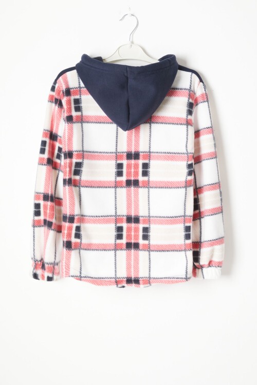 Kırmızı Kare Desenli Kapüşonlu Çocuk Polar Hırka 16758