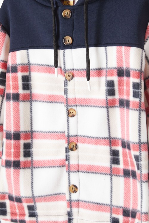 Kırmızı Kare Desenli Kapüşonlu Çocuk Polar Hırka 16758