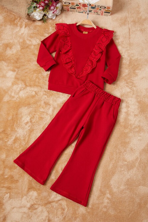 Kırmızı Önü Güpürlü İspanyol Paça Kız Çocuk Takım 16535