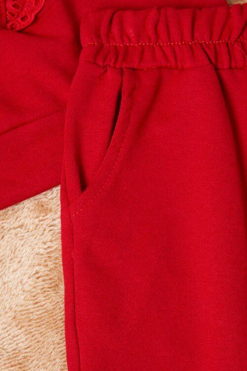 Kırmızı Önü Güpürlü İspanyol Paça Kız Çocuk Takım 16535