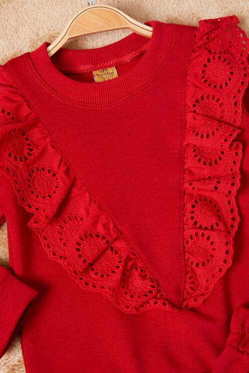 Kırmızı Önü Güpürlü İspanyol Paça Kız Çocuk Takım 16535