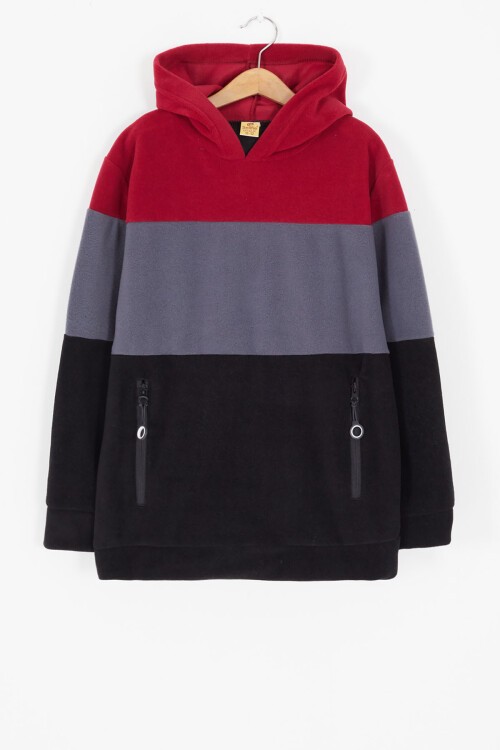Kırmızı Renk Bloklu Polarlı Kapüşonlu Unisex Çocuk Sweatshirt 16905