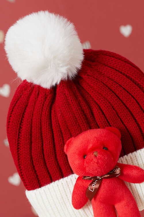 Kırmızı Sevimli Ayıcıklı Renkli Ponponlu Çocuk Bere 17243