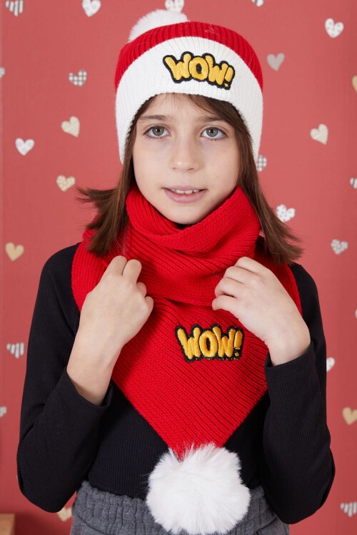 Kırmızı WOW Yazılı Ponponlu Kız Çocuk Atkı Bere Seti 17296