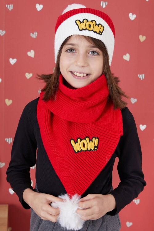 Kırmızı WOW Yazılı Ponponlu Kız Çocuk Atkı Bere Seti 17296