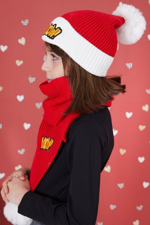 Kırmızı WOW Yazılı Ponponlu Kız Çocuk Atkı Bere Seti 17296