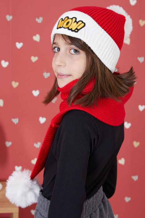 Kırmızı WOW Yazılı Ponponlu Kız Çocuk Atkı Bere Seti 17296