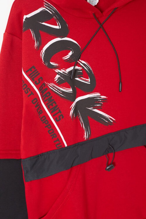 Kırmızı Yazılı Şardonlu Erkek Çocuk Kapüşonlu Sweatshirt 17251