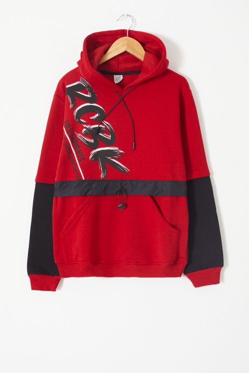 Kırmızı Yazılı Şardonlu Erkek Çocuk Kapüşonlu Sweatshirt 17251