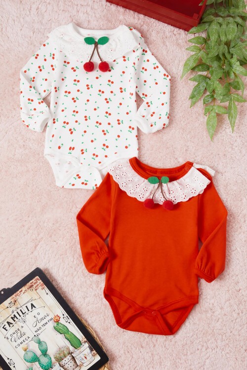 Kız Bebek Kiraz Desenli Uzun Kollu 2li Badi 16655