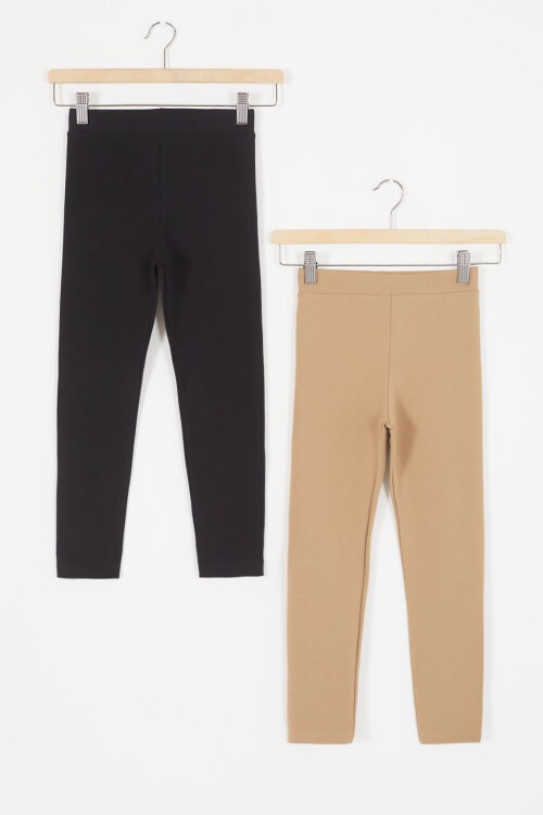 Kız Çocuk 2li Tayt Siyah-Krem 17163