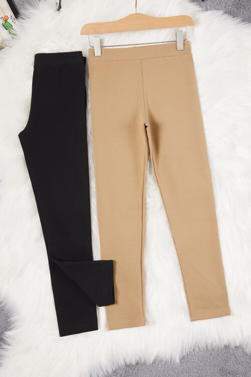 Kız Çocuk 2li Tayt Siyah-Krem 17163