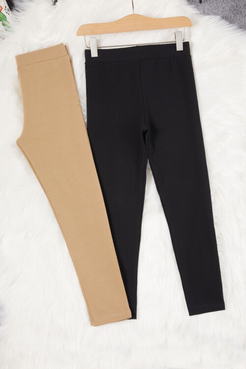 Kız Çocuk 2li Tayt Siyah-Krem 17163