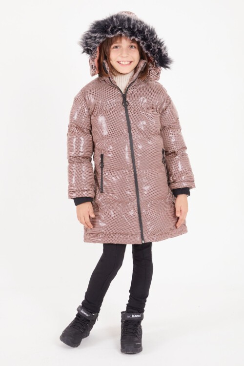 Kız Çocuk Altıgen Desenli Bej Şişme Mont 16274