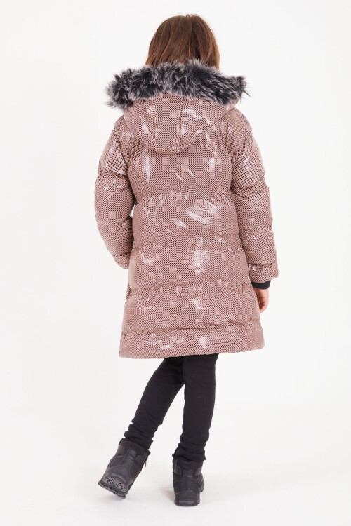 Kız Çocuk Altıgen Desenli Bej Şişme Mont 16274