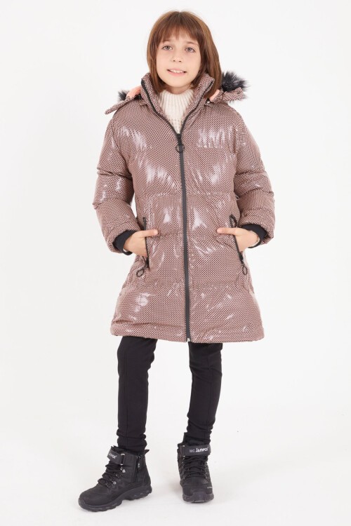 Kız Çocuk Altıgen Desenli Bej Şişme Mont 16274