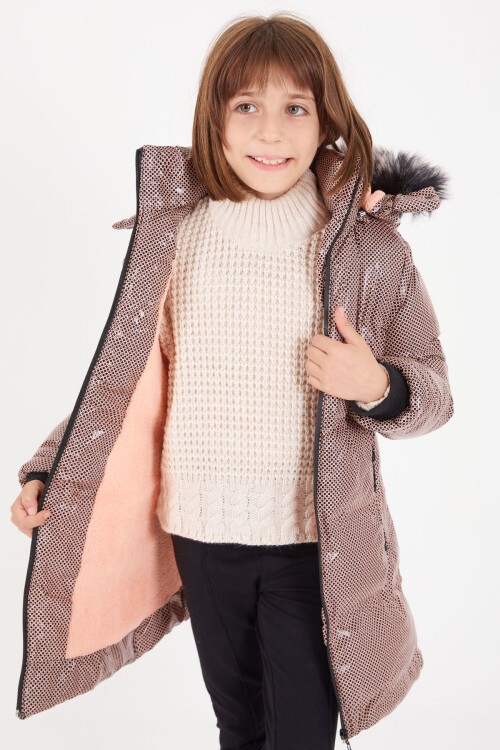 Kız Çocuk Altıgen Desenli Bej Şişme Mont 16274