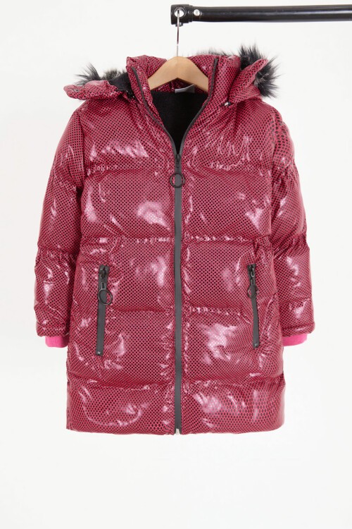 Kız Çocuk Altıgen Desenli Bordo Şişme Mont 16272