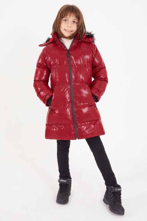 Kız Çocuk Altıgen Desenli Kırmızı Şişme Mont 16273