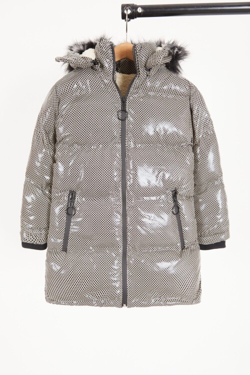 Kız Çocuk Altıgen Desenli Krem Şişme Mont 16267