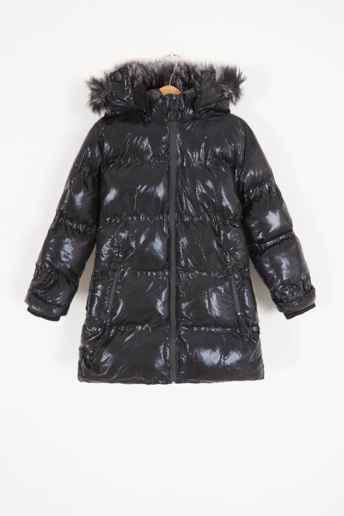 Kız Çocuk Altıgen Desenli Siyah Şişme Mont 17136