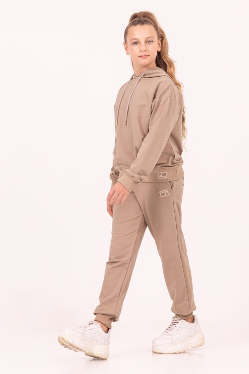 Kız Çocuk Bej Basic Kapüşonlu Takım 17188